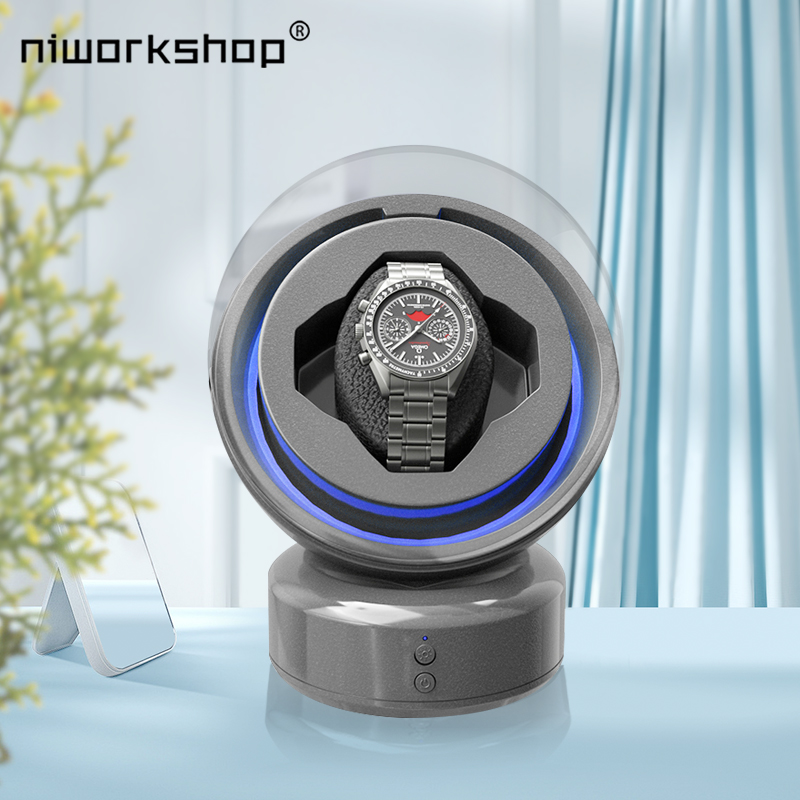 Watch Winder Single - Niworkshop-LEDライト付き自動巻き時計ワインダー,1スロットの時計収納ケース,スペースカプセルのデザイン,男性と女性のための時計ボックス