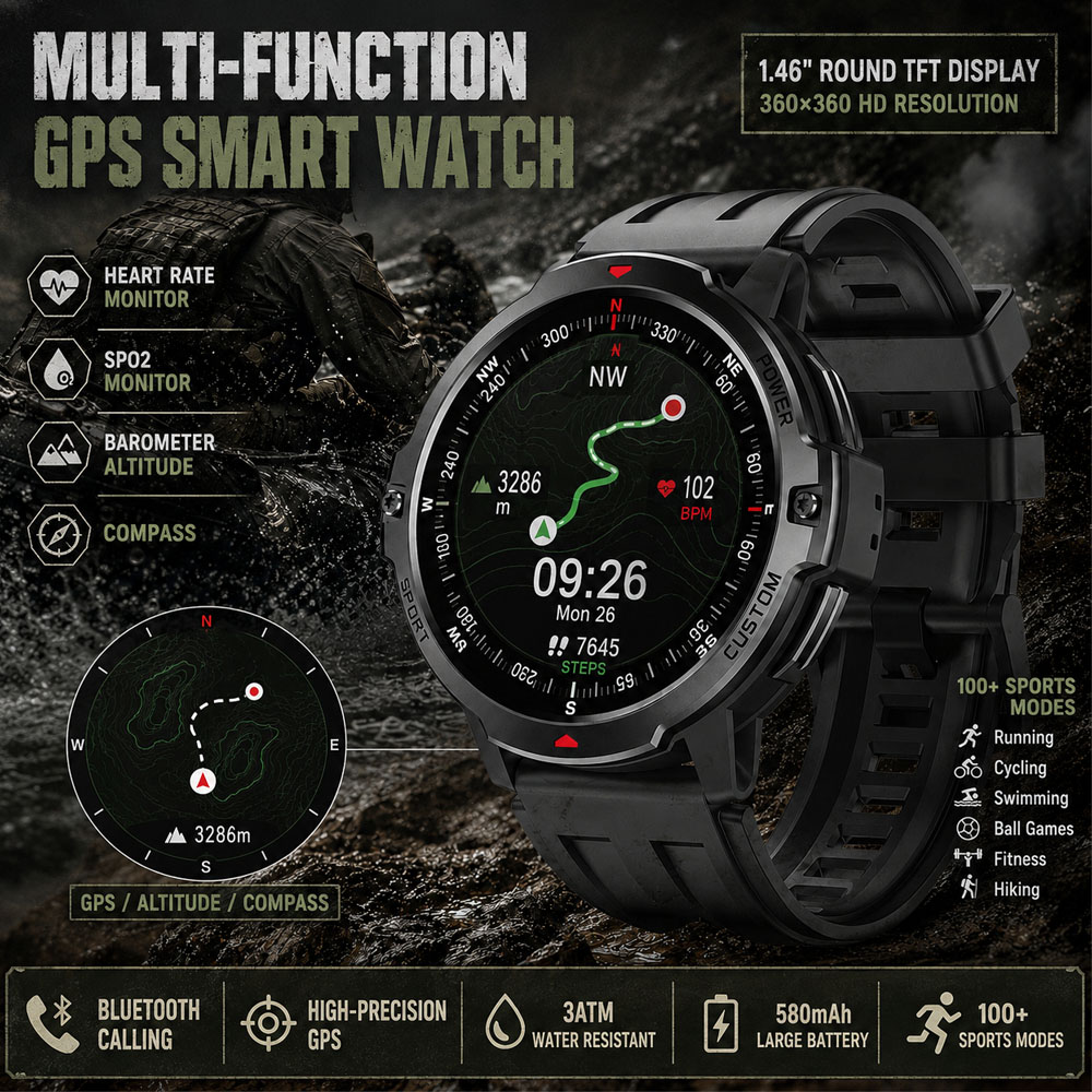 Smartwatch Timex Watches For Men - 新しい 1.46 インチ軍用 GPS スマートウォッチ 3ATM