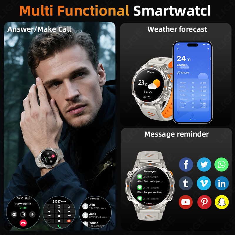 LIGE 頑丈な GPS 追跡スマートウォッチ男性 LED  - Smartwatch Sports Watches For Men のレビューと価格